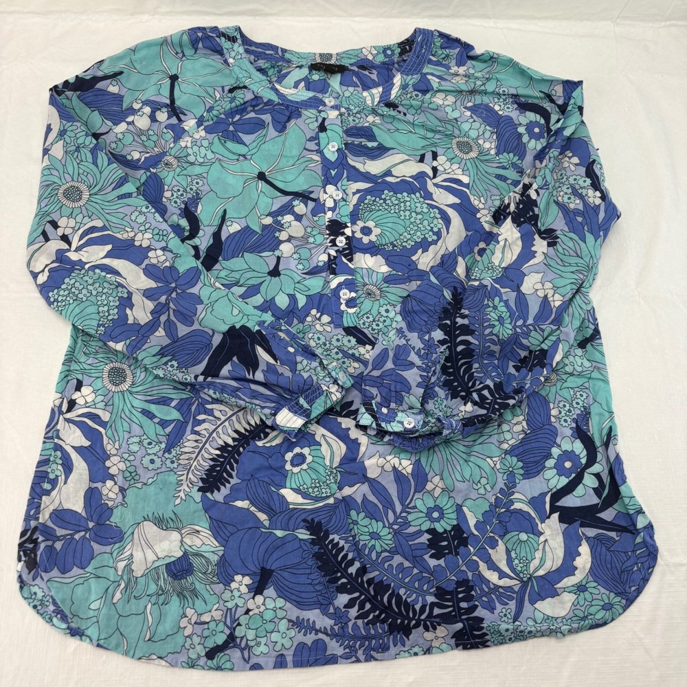 Talbots Blue Floral Cotton Voile Henley Blouse Long Sleeve Top Large ID4976